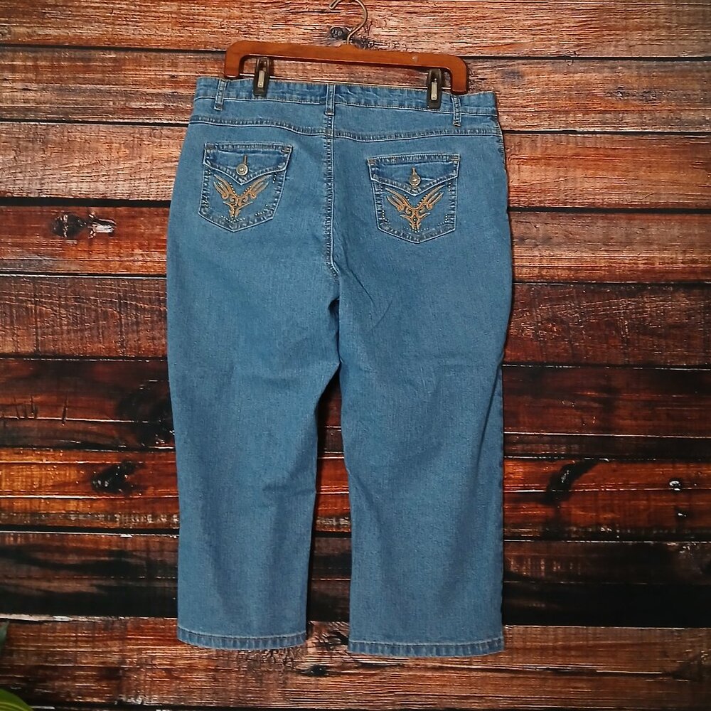 JeanBay Jeans Plus Size 16 W Capri Blue Ramie Denim Embroidered Vintage Y2K - Picture 3 of 9